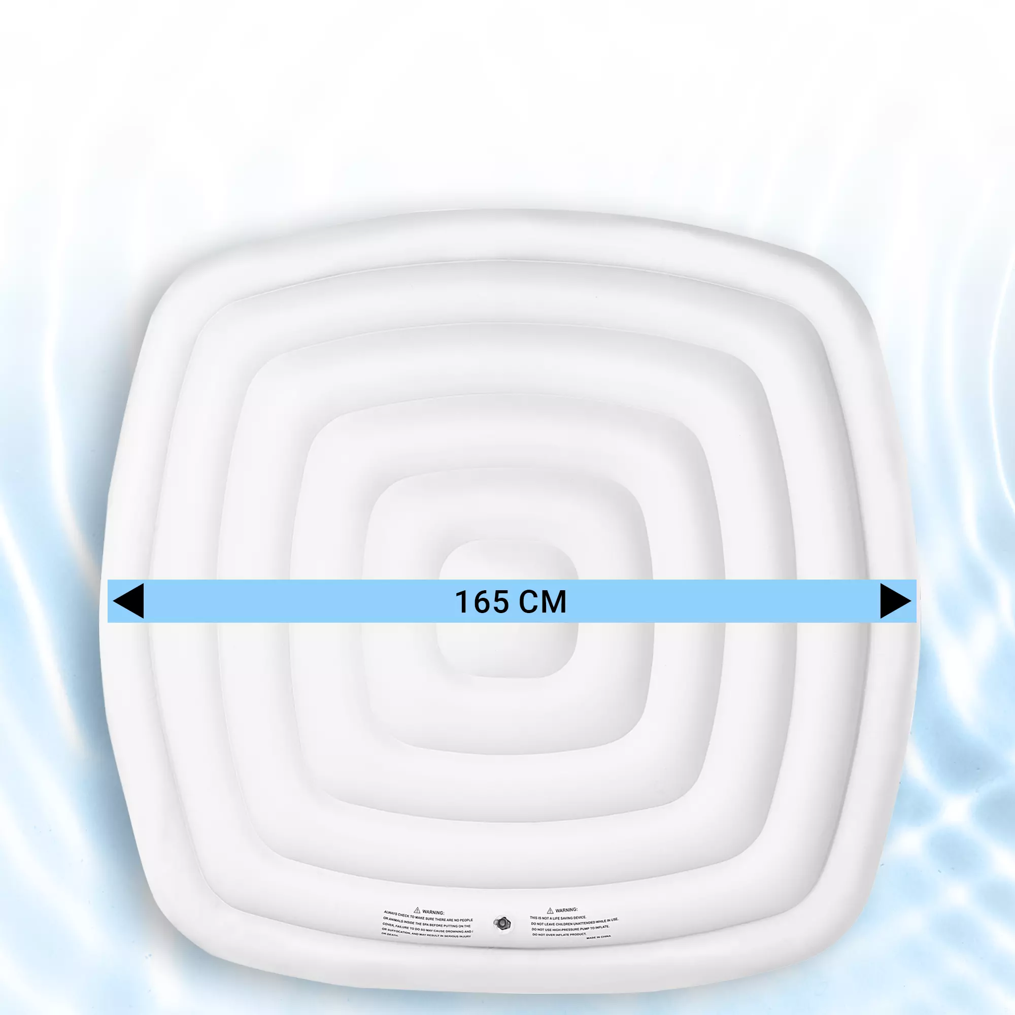 Aufblasbare Whirlpool-Abdeckung mit Maßen von 165 x 165 cm im Wasser